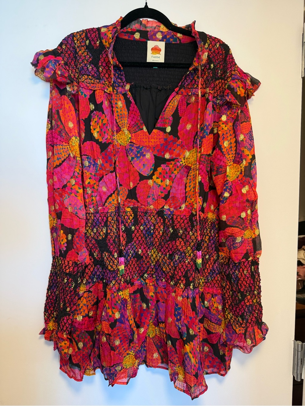 Farm Rio Floral Smocked Long-Sleeve Mini Dress in Multicolor